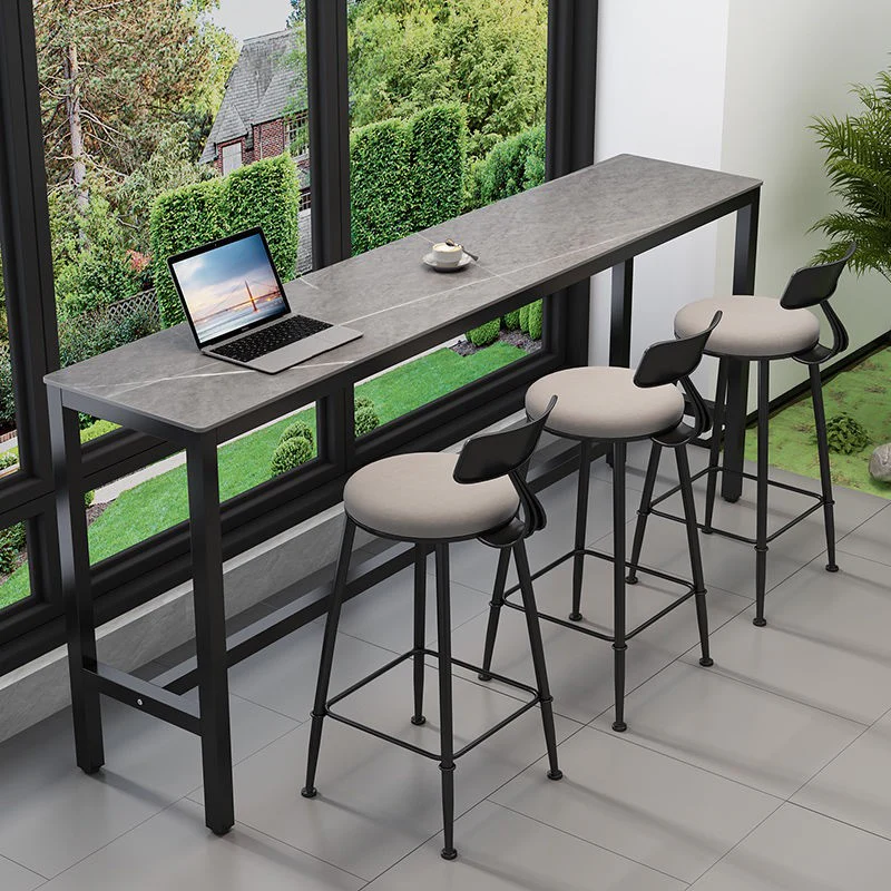 Modern Dove Grey Stone Top Steel Footrest Bar Tables