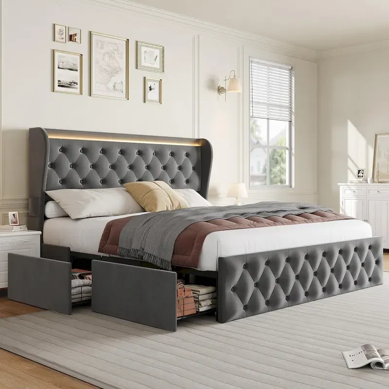 Velvet Upholstered Bed Frame with Wingback Headboard