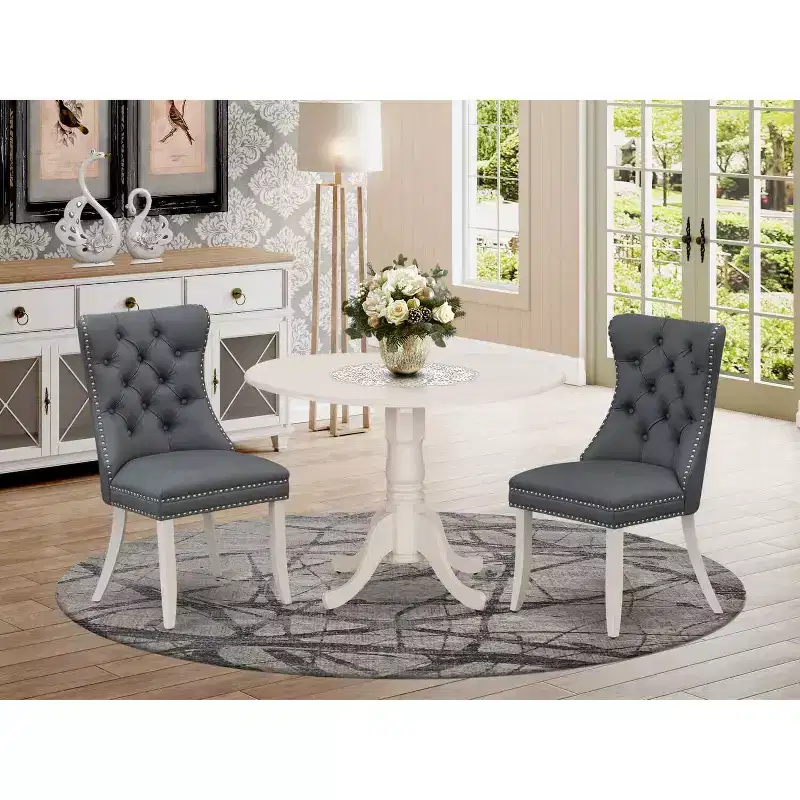 3-Piece Linen white Solid Wood Top-Round Upholstered Dining Room Set -Seats 4