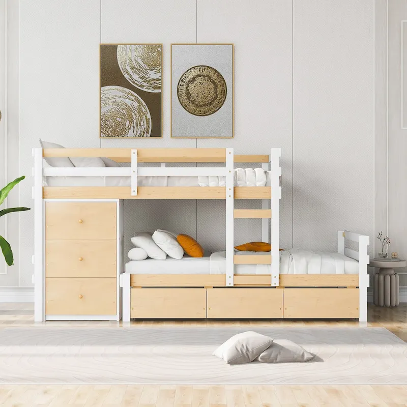 Natural/Grey Twin over Twin Loft Bunk Bed with 6 Drawers & Ladder, Sleeps 2