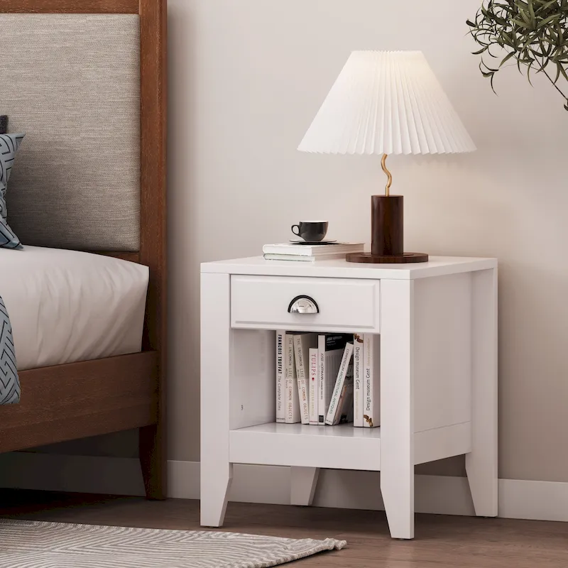 Contemporary Faux Wood Nightstand with Drawer and Open Shelf
