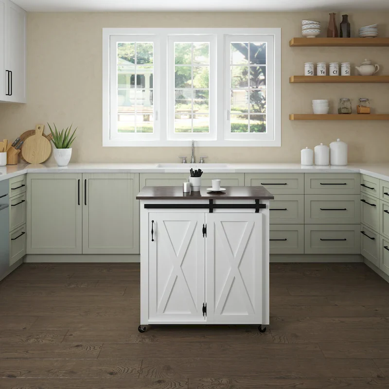 Modern Farmhouse Kitchen Cart with Barn Door & 2 Cabinets - White & Dark Brown - 35x18x35.75