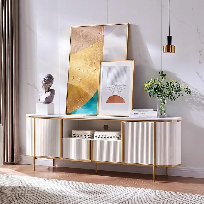 Modern Luxury TV Stand, Entertainment Cente, with Faux Marble Top