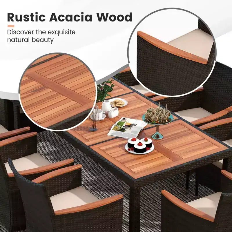Costway 9PCS Patio Wicker Dining Set Acacia Wood Table Top Umbrella Hole Cushions Chairs