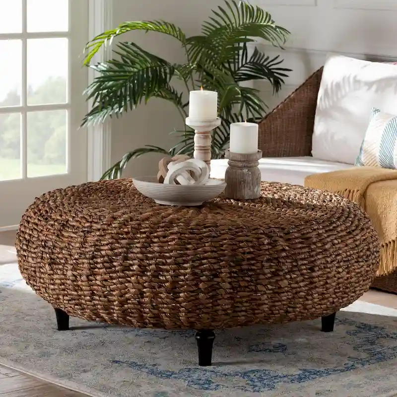 Riau Handwoven Seagrass Coffee Table with Wooden Legs - Natural Wicker Round Living Room Table