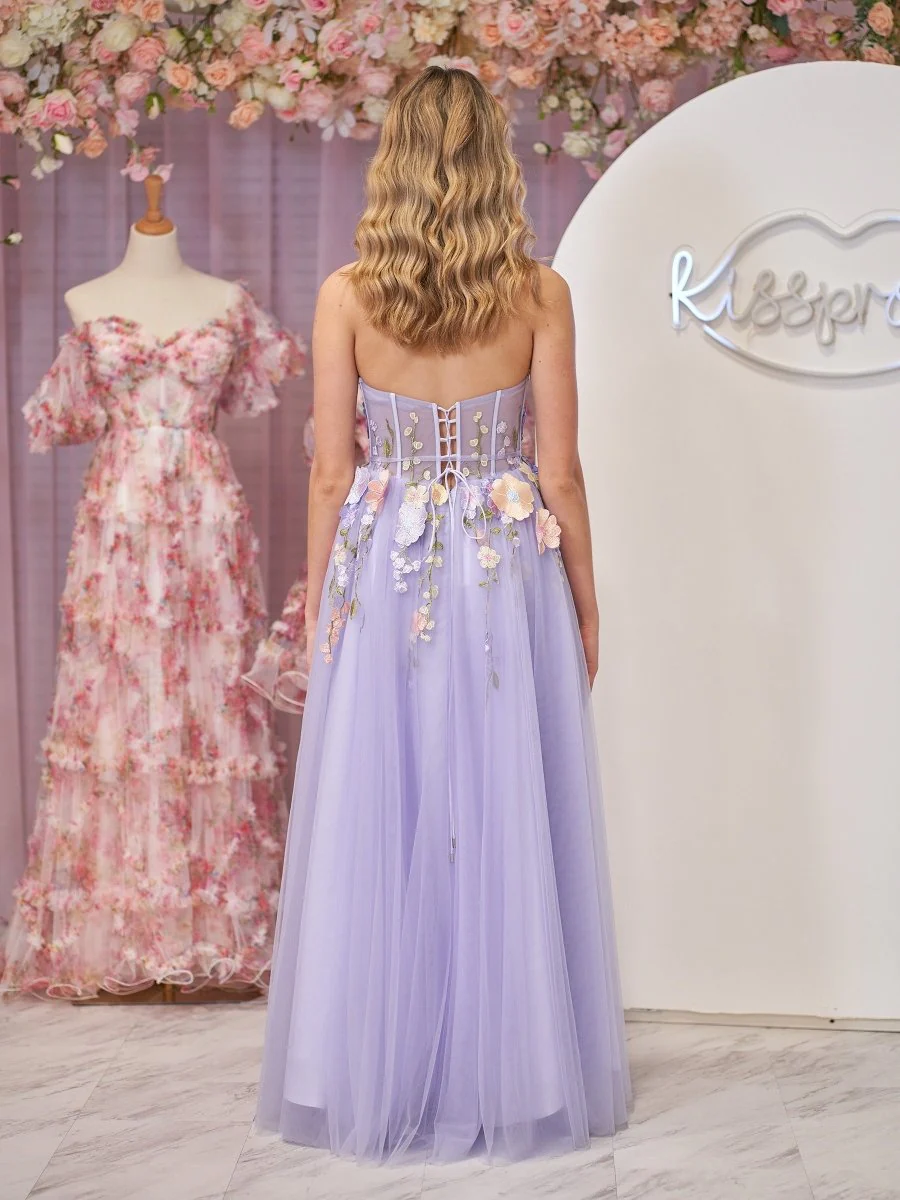 Lavender A-Line Strapless Tulle Homecoming Dress With 3D Flowers