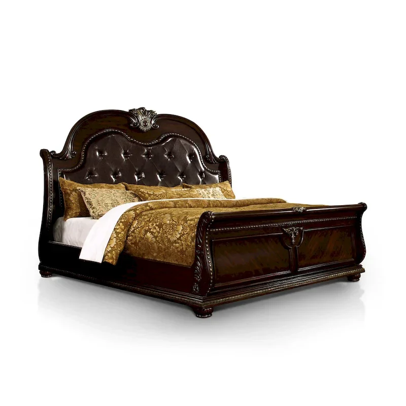Etane Traditional Solid Wood Sleigh Bed with Tufted Leatherette Headboard