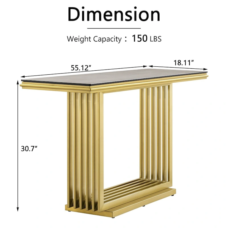 Glam 60 inch Rectangular Glass Console Table with Brushed Gold Stainless Steel Base