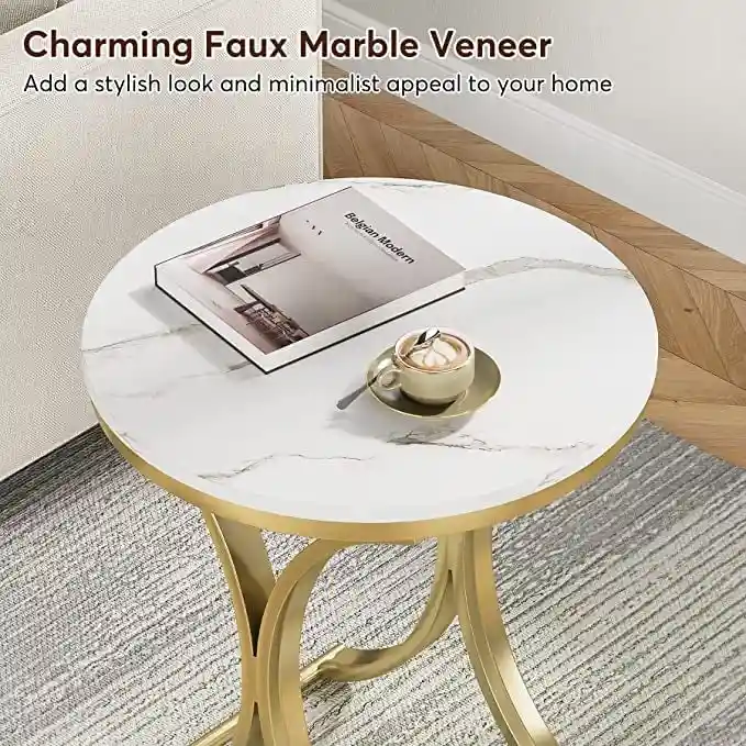 Round Side Table with Faux Marble Top and C-Shaped Metal Legs