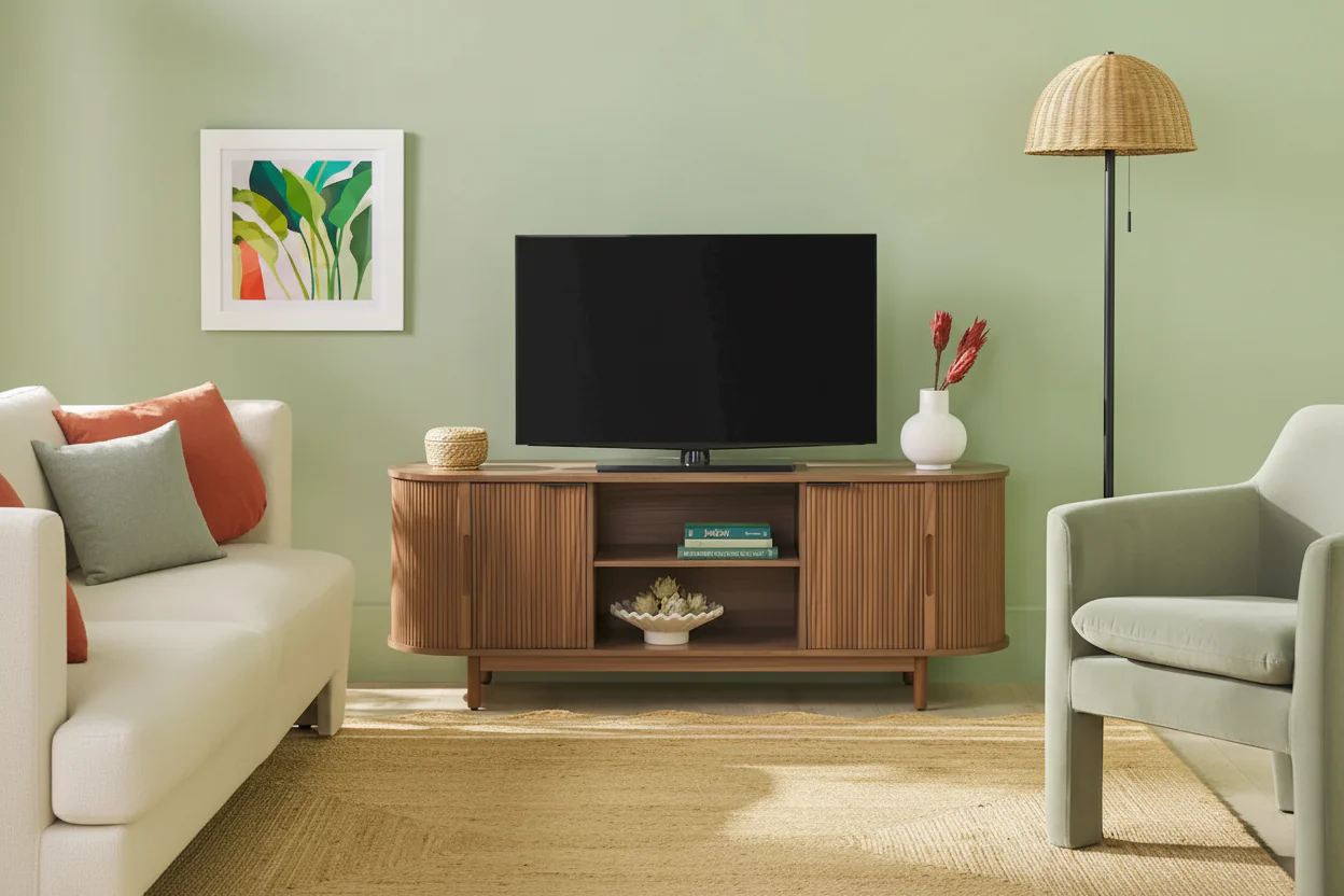Modern Reeded 60-inch TV Stand with Soft-Close Doors – Coastal Oak / Mocha, Single Unit, Fits TVs up to 65