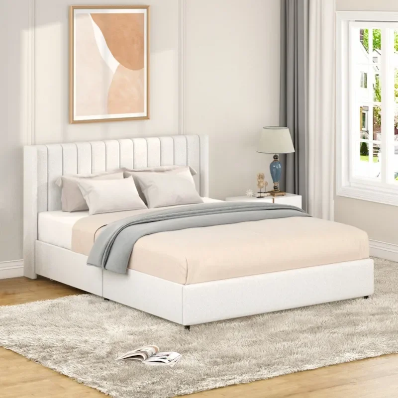 Upholstered Platform Bed with 4 Storage Drawers - Ivory - Queen Size