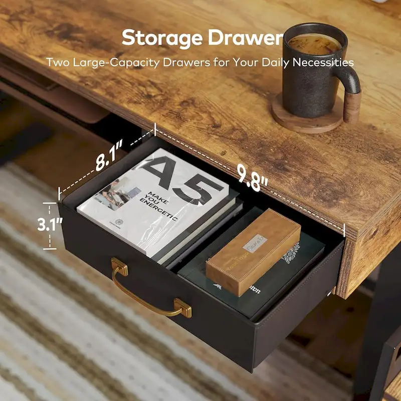 FEZIBO Height Adjustable Electric Standing Desk with Double Drawers&Keyboard Tray, Stand Up Desk with LED Strips