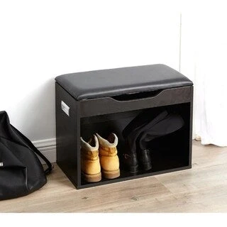 Black Storage Bench with Cushion Seat, 1-Person, Flip-Top Lid