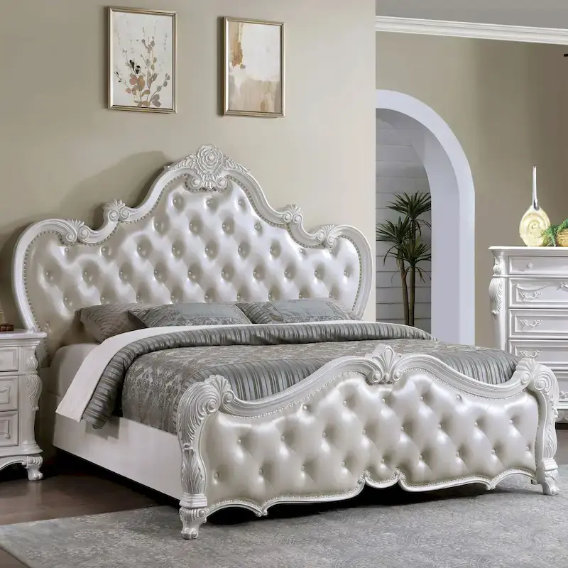 Furniture of America Eugene Traditional Solid Wood Panel Bed with Tufted Leatherette Headboard