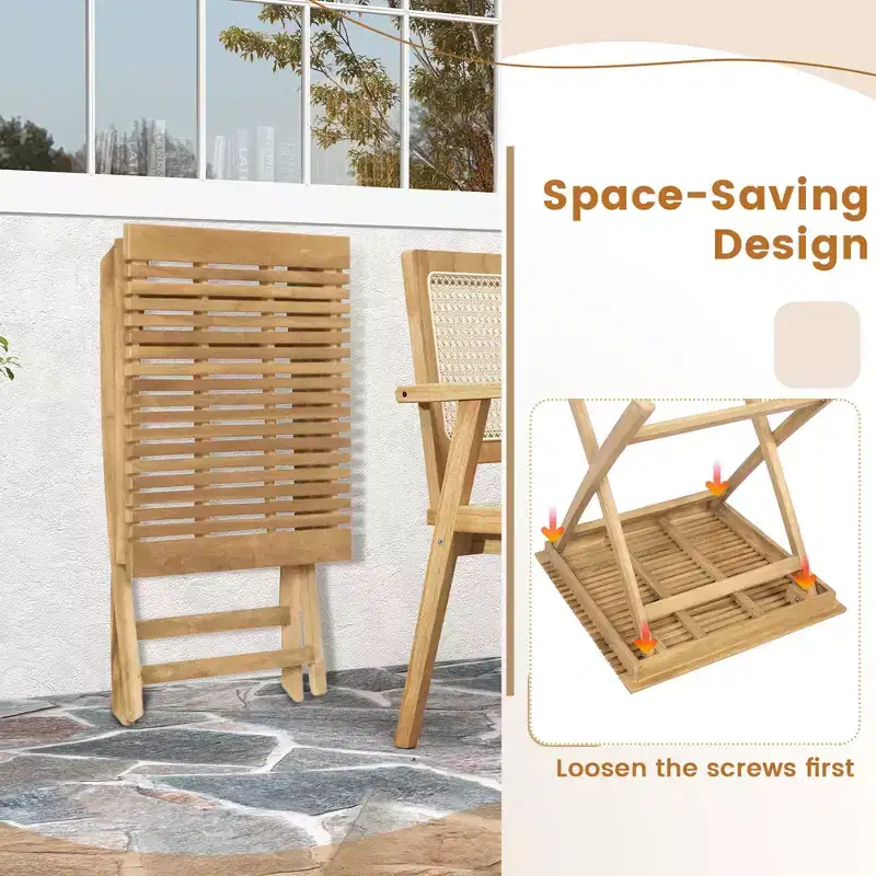 Costway 3 Pieces Patio Table Chair Set Wood Bistro Set with Natural Rattan Seat & Indonesia Teak Wood Frame