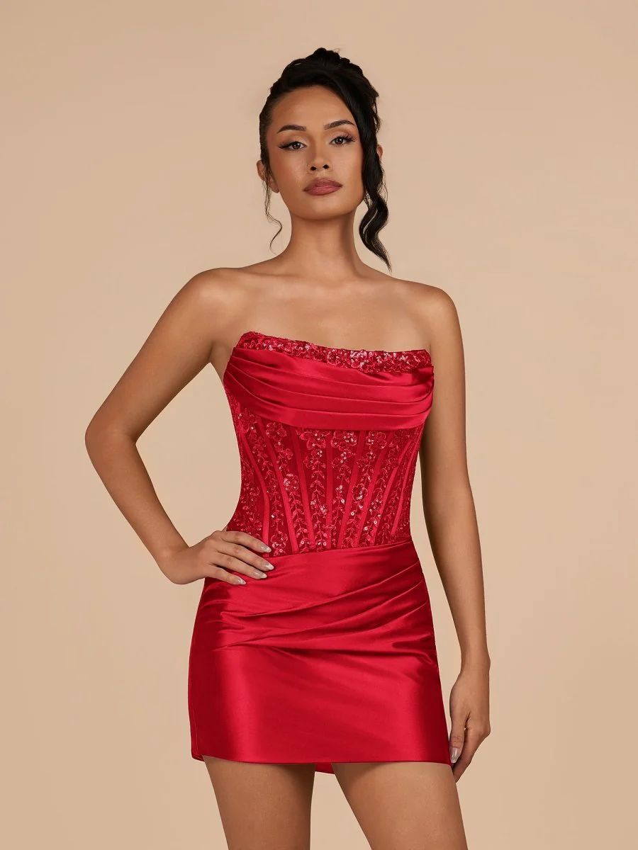 Red - Strapless Bodycon Satin Pleated Mini Party Dresses With Beading