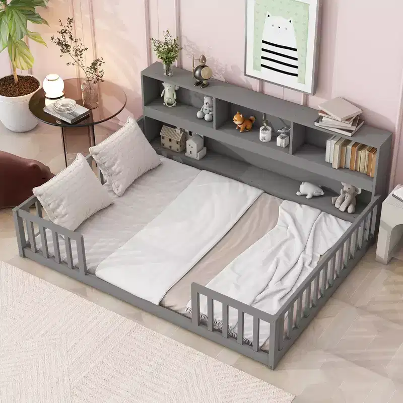 Bellemave Full Floor Bed with Side Bookcase and Shelves, Solid Wood Platform Bed with Guardrails and Easy Access Opening, Space-Saving Design, Grey