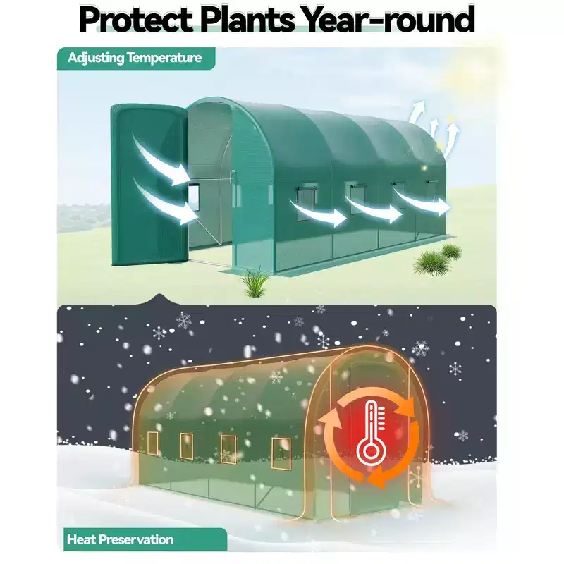 Walk-In Greenhouse Tunnel,Galvanized Steel Frame with 8 Mesh Ventilation Windows, Roll-Up Zipper Door, Durable PE Cover for Vegetables Flowers