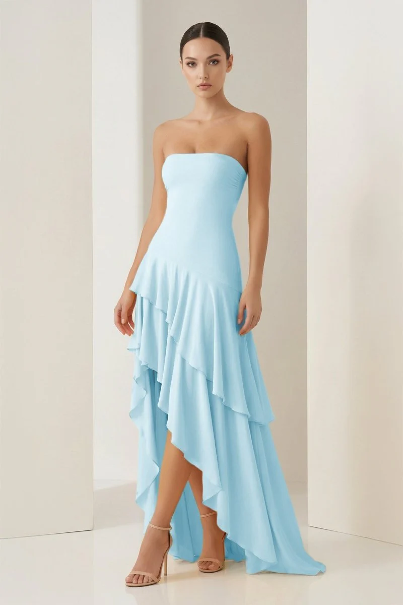 Blue Sheath Strapless Spandex High Low Long Prom Dresses with Ruffles