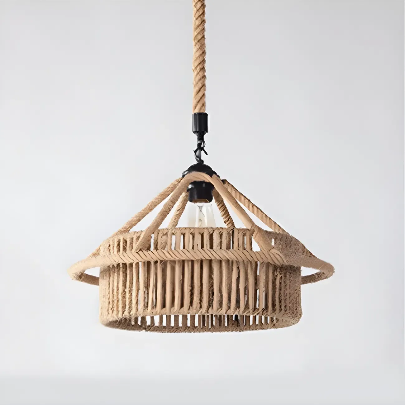 Industrial Rattan Black Metal Hemp Rope Pendant Light
