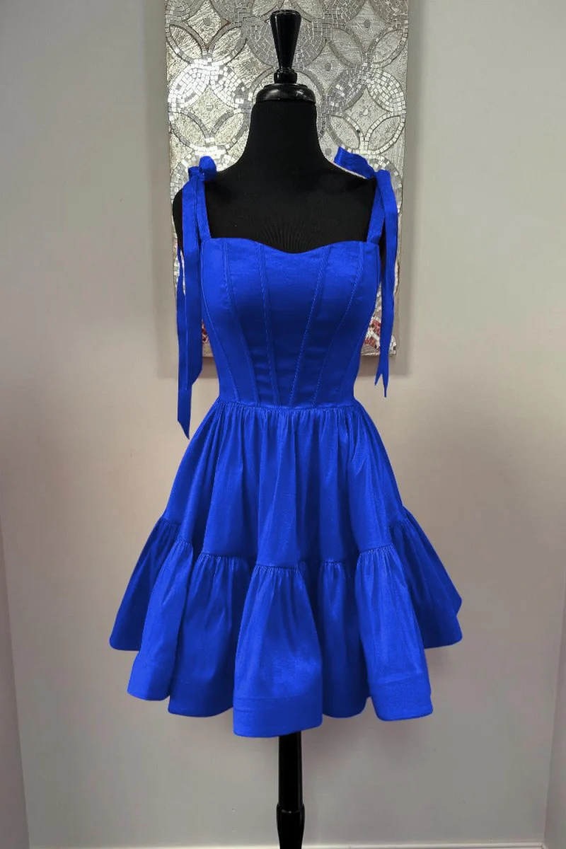 Royal Blue - Bow Straps Satin Ruffles A-line Short Homecoming Dresses