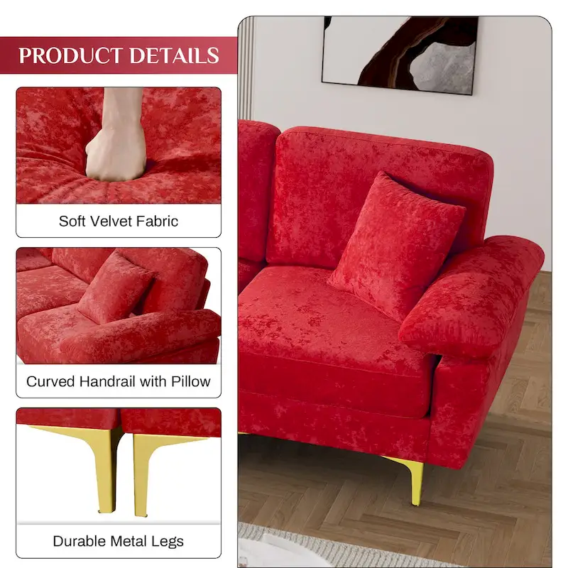 Upholstered Velvet Sectional Sofa with Pillows & Ottoman