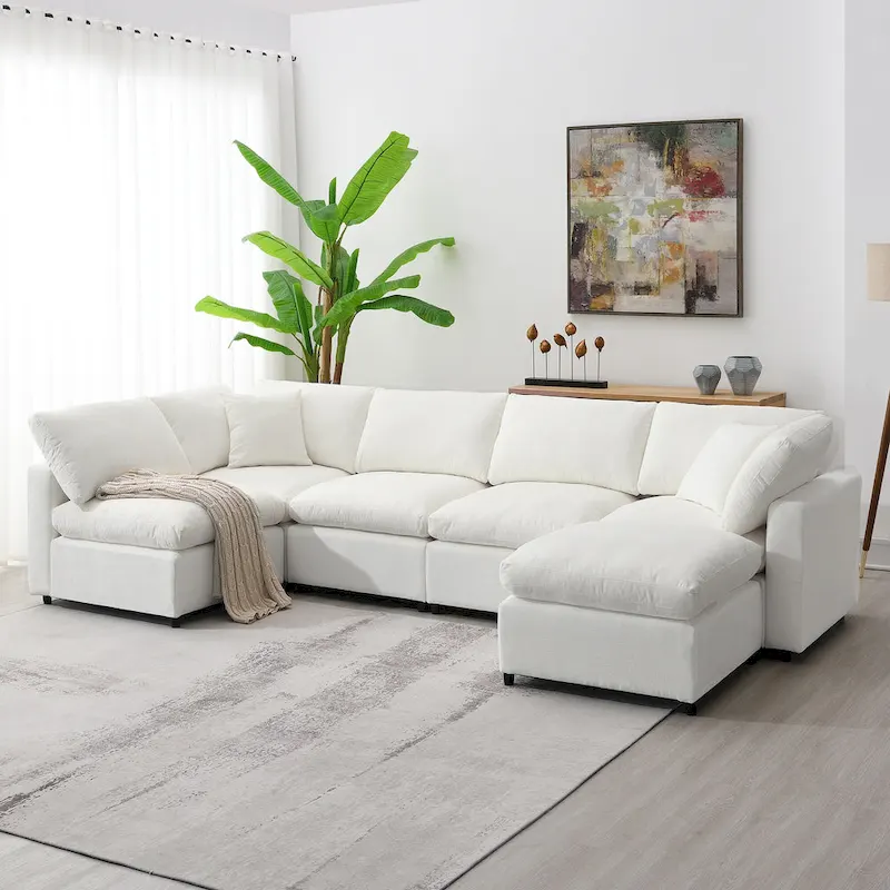 Beige 130 Chenille U-Shaped Sleeper Sectional Sofa, Modular Design