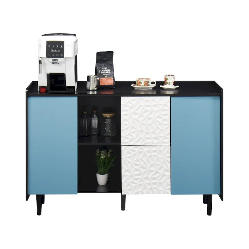 Sideboard Buffet Cabinet,Storage Cabinet with Blue Doors,2 Drawers with unique panel styling and 2 Open Storage Compartment