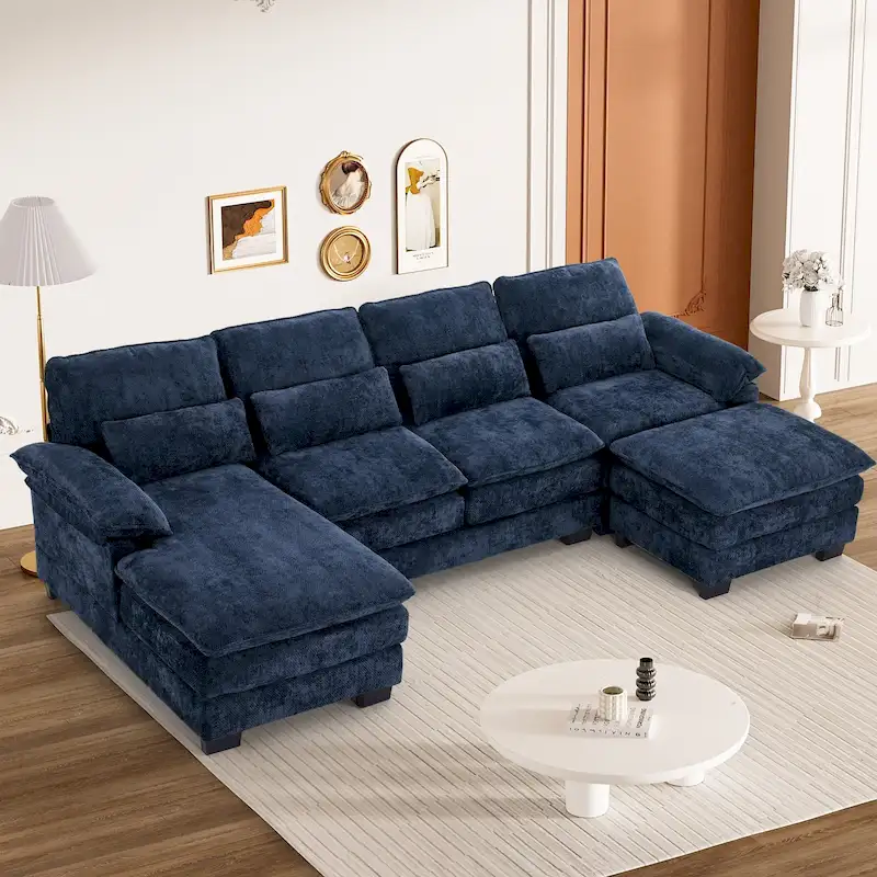 Soft Chenille Fabric U-Shaped Sectional Sofa with Double Layer Cushion