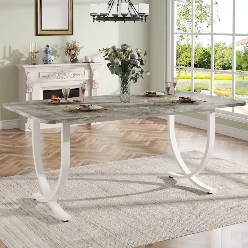 Rectangular Dining Table for 4-6, 63 Inch Modern Kitchen Table with Faux Marble Top and Metal Legs, Grey & Gold