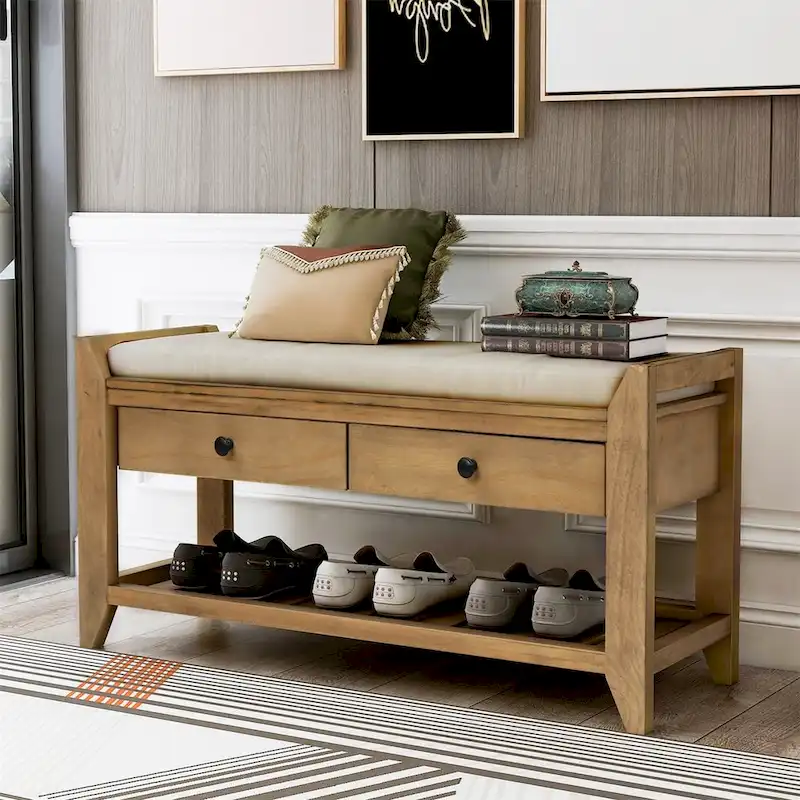 Multipurpose Storage Bench Shoe Rack with Cushioned Seat and Drawers