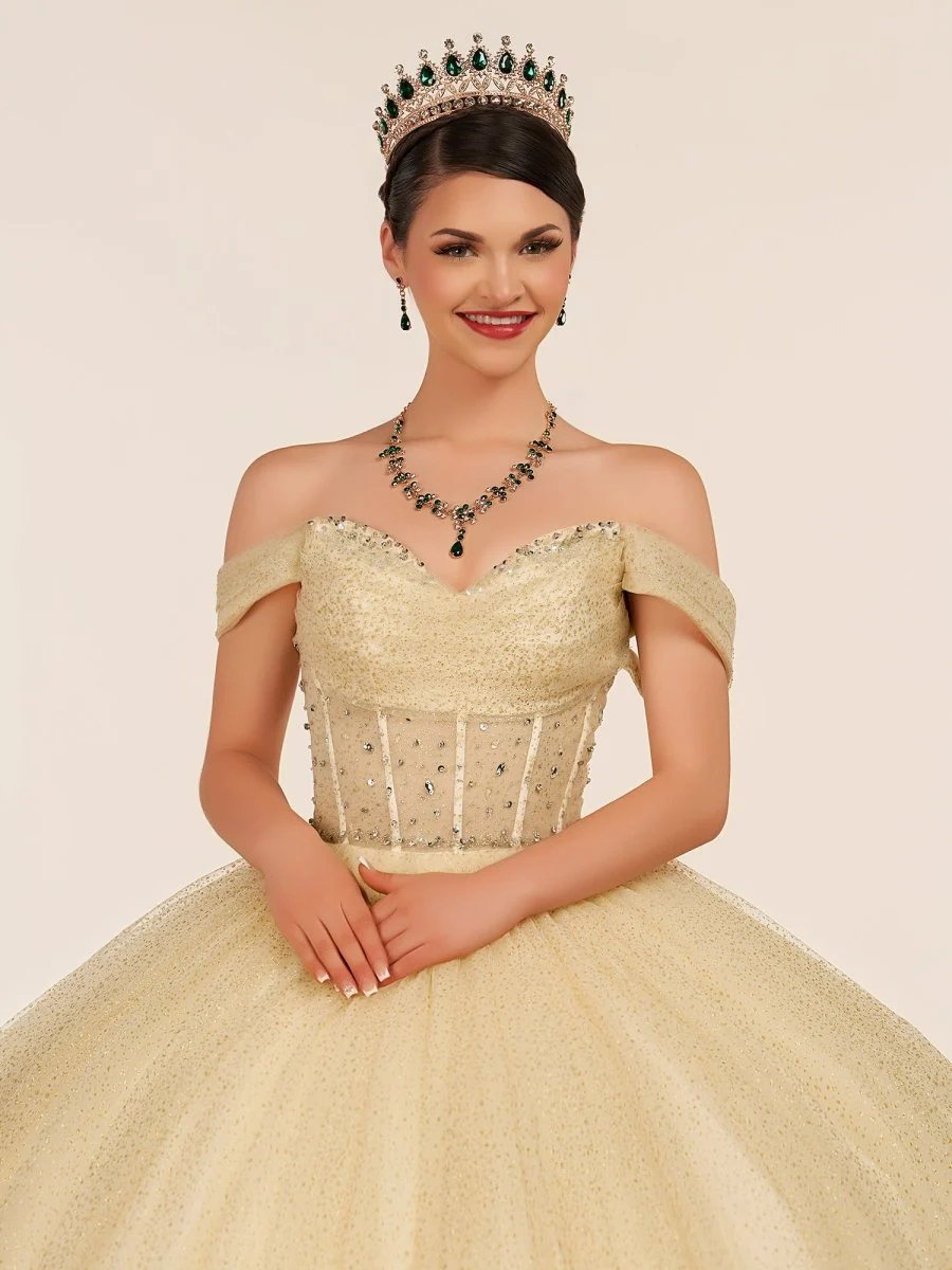 Yellow Ball Gown Tulle Off-the-Shoulder Quincenara Dresses
