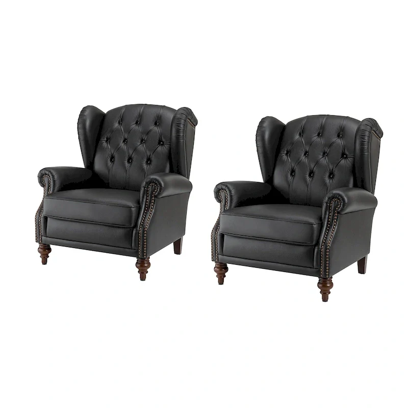 Brown Genuine Leather Wingback Armchair with Nailhead Trim, Set of 2, 1-Person