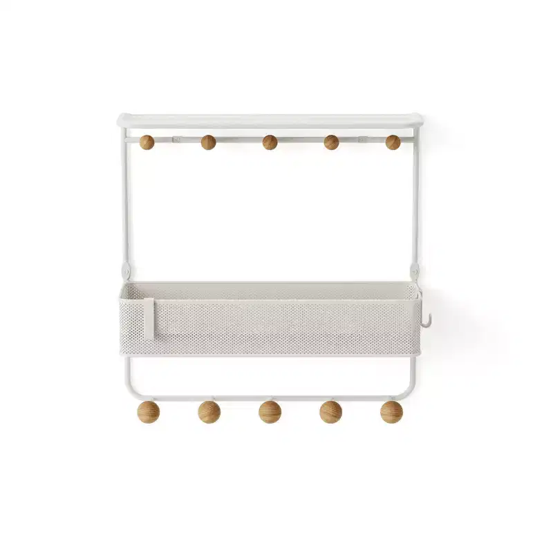 Umbra Antique Shelf With Hooks: White Decorative Wall Shelf, Metal Frame, 10 Hooks, Floating Entryway Storage, 12.5" Width