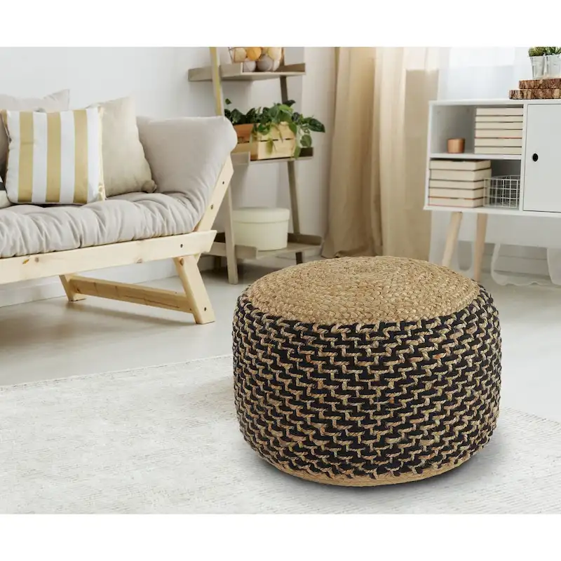 18 Brown and Black Braided Round Pouf Ottoman