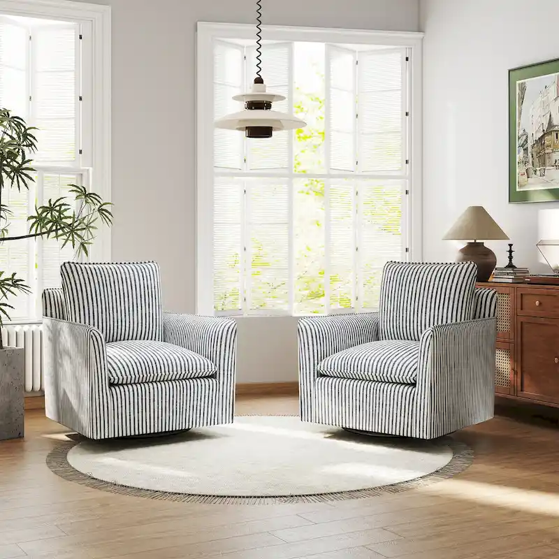 360° Swivel Barrel Accent Chair with Striped Linen & Padded Backrest – Dark Blue / Brown – 1-Seater