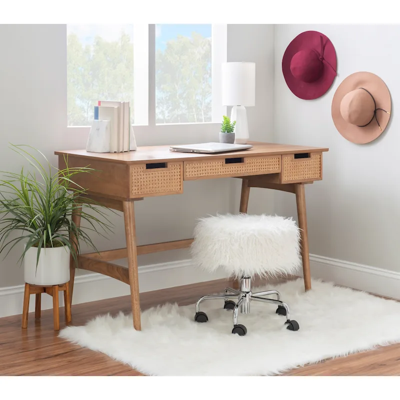 Natural/Black Mid-Century Rattan Woven Drawer Rubberwood Desk for 1