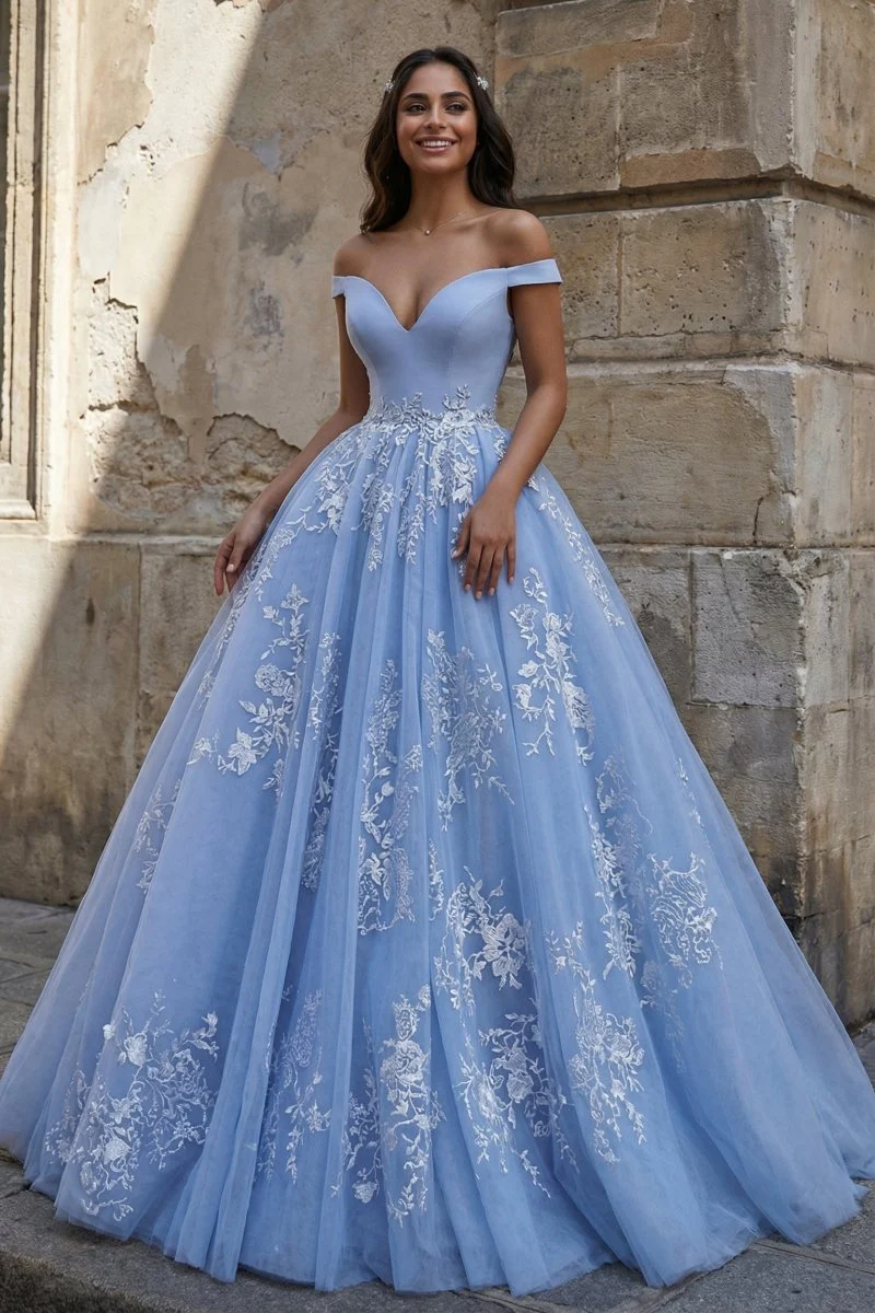 Sky Blue Ball Gown Lace Off the Shoulder Prom Dress