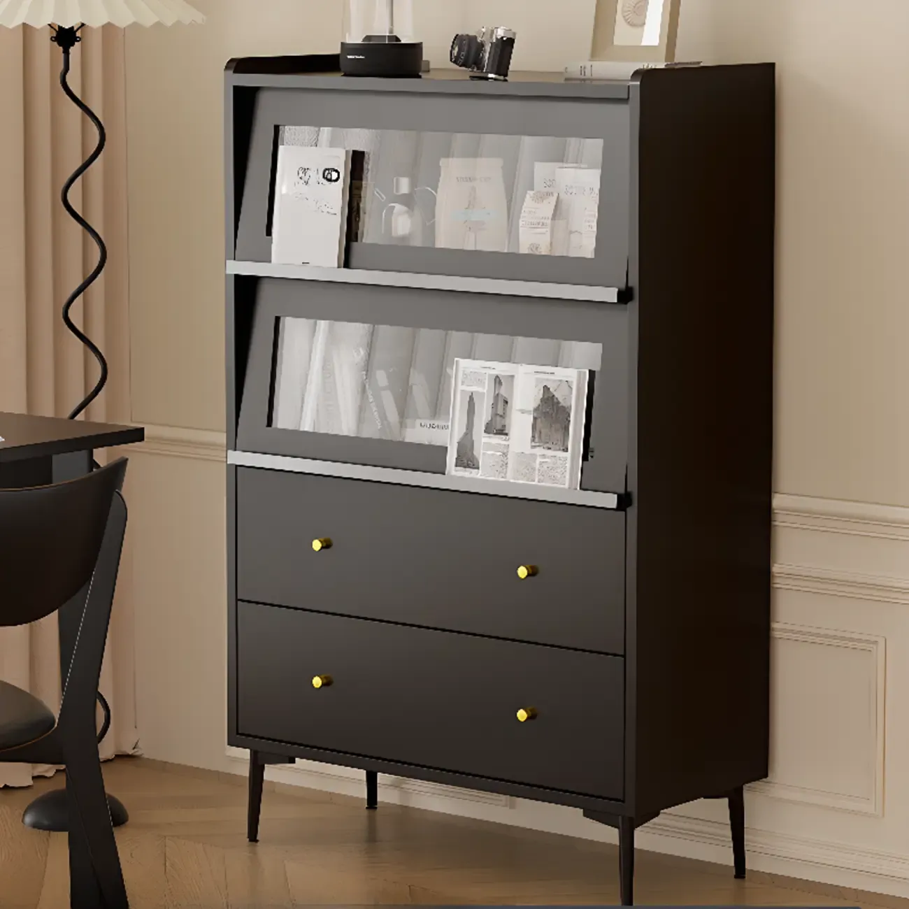 Modern Black Wood Flipped Glass Display Storage Cabinet