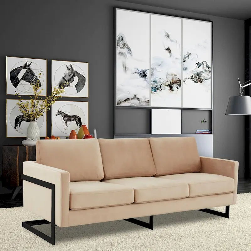 Leisuremod Lincoln 3-Seater Upholstered Velvet Sofa with Black Stainless-Steel Base