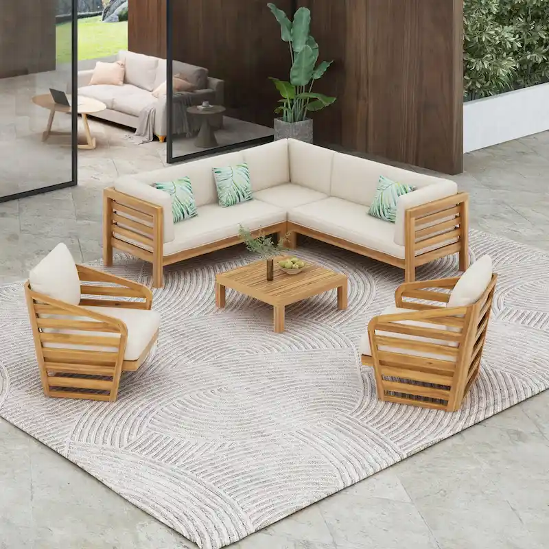 Oana Outdoor 5 Seater V Shaped Mid-Century Modern Acacia Wood Sectional Sofa Set with Club Chair by Christopher Knight Home