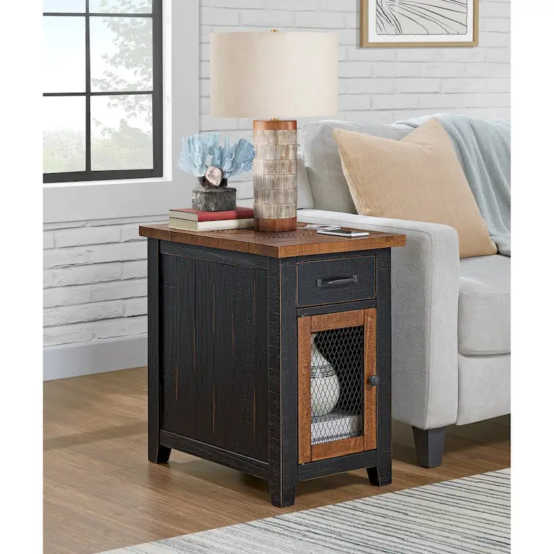 Rustic Solid Wood Chairside End Table with Hidden Charging Station