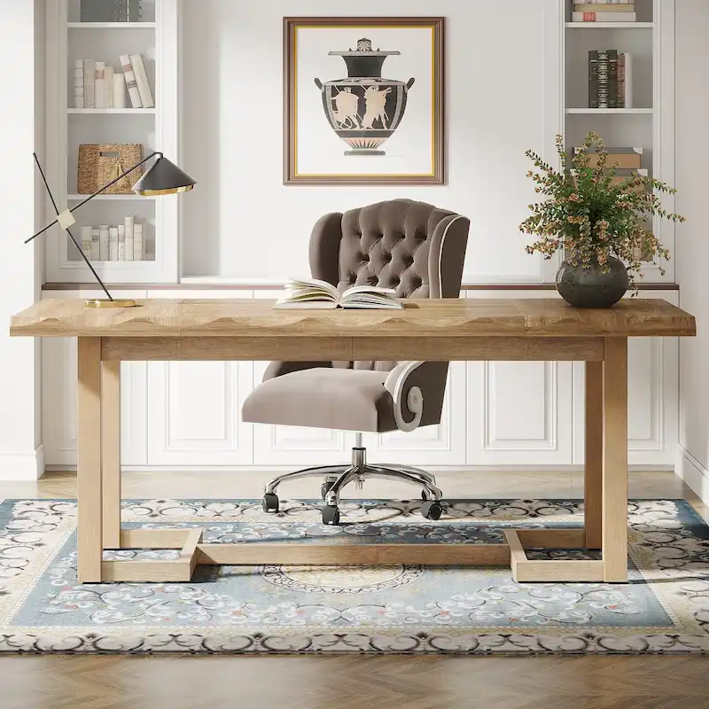 63 Inches Computer Desk, Rectangular Writing Table with Solid Wood Legs and Thickened Desktop