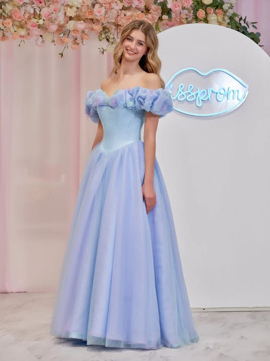 Cinderella Sky Blue Tulle Off the Shoulder With Crystals & Butterflies Ball Gown