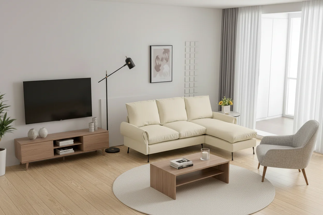Contemporary Technical Leather L-Shaped Sofa Couch, Reversible Chaise Lounge, Beige