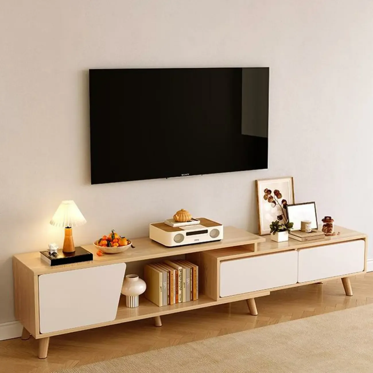 78.7 Natural Wood Open Storage Drawers TV Stand with Legs
