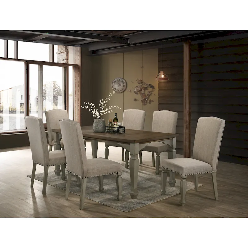 Roundhill Furniture Breda Antique Gray and Dark Oak Finished Wood Dining Set, Table with Six Chairs