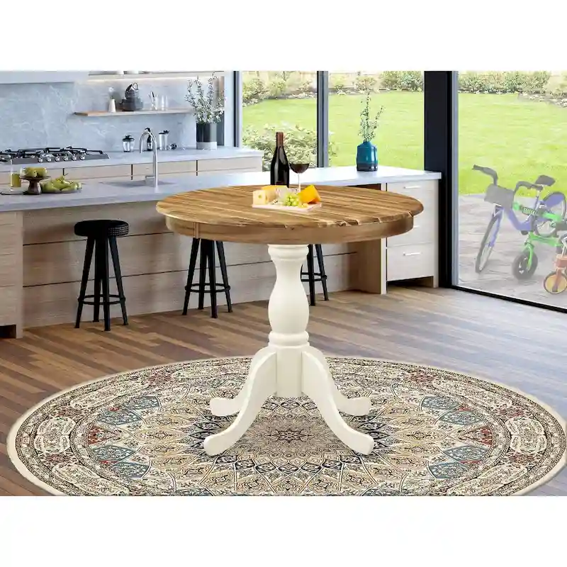 Natural & Linen White Round Dining Table for 4, Solid Wood Pedestal