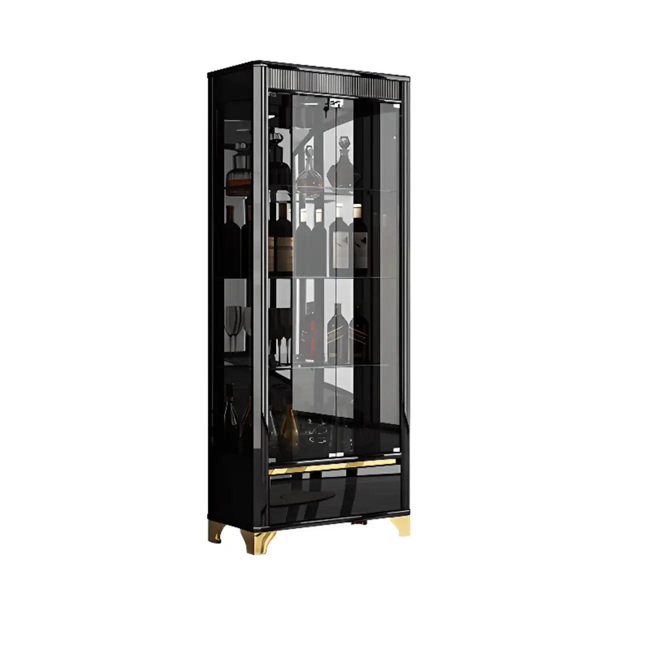 Elegant Black Clear Glass Display Cabinet with Drawers