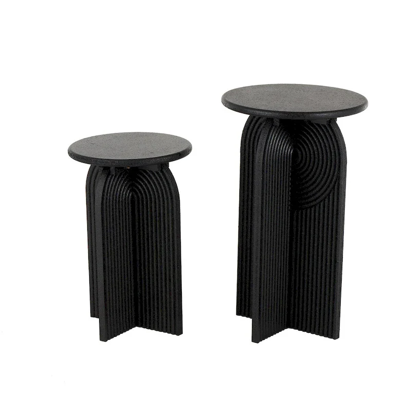 Wood Geometric Sandstone Carved Art Deco Arched Pedestal Side End Accent Table - Set of 2 Black -